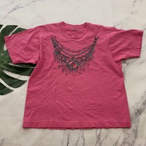 Womens Vintage 90s Country Western Tee Size L Pink Glitter Beaded Print T-shirt